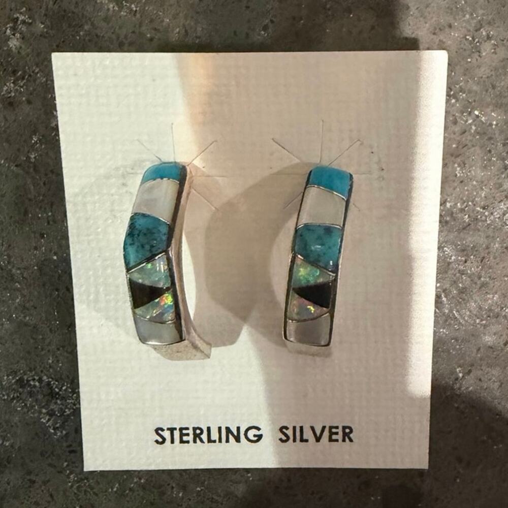 Sterling Silver Southwest Inlay Half Hoop Earrings Turquoise Opal MOP black onyx